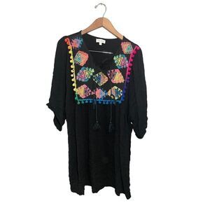 Velzera Embroidered Tunic‎ Dress Women’s 2XL Beach Pom Pom Beach Short Sleeve